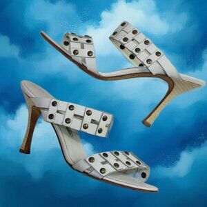 Manolo Blahnik Moschettony Bulgaro White Stud Accent Heel Sandals, Size 36.5